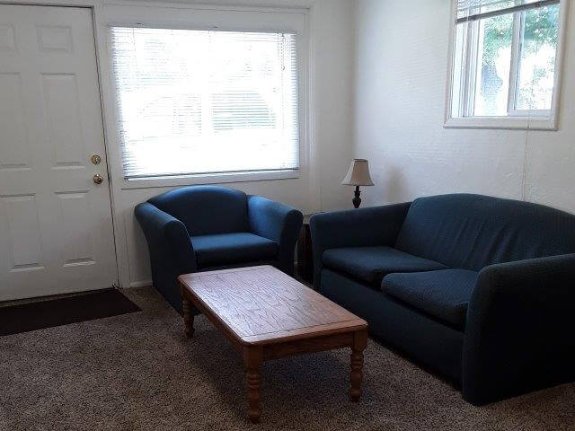 Apt #3 small living room showing sofa/chair, coffee table, off-white walls, brown carpet, a large and a medium window.