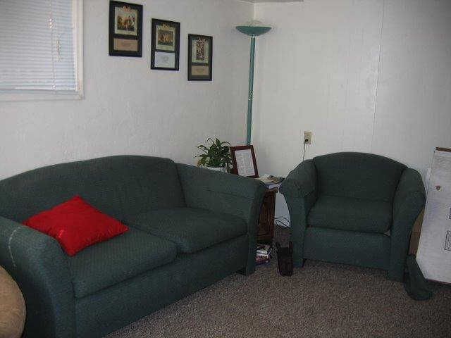 Apt #3 living room showing sofa and chair, window, residents’ artwork and tall lamp, off-white walls and brown carpet.